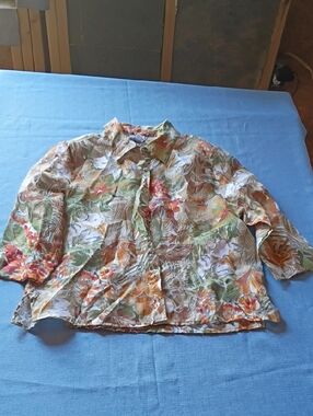 BonWorth Floral Sheer Button-Up in Green, Orange, Red, Brown